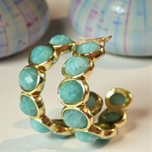 18k Gold Plated Beveled Genuine Amazonite Stone Hoop Earrings